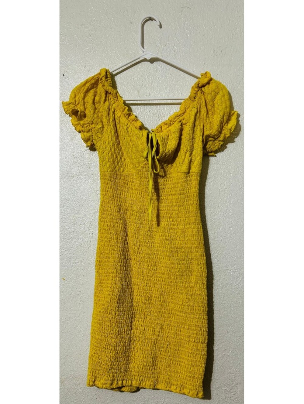 Forever 21 Yellow Mustard Smocked  Bodycon Mini Dress Puff Sleeve XL